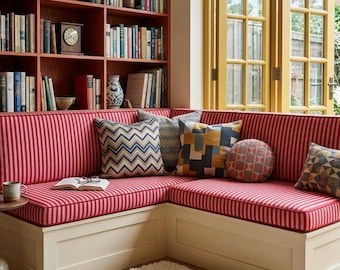 Cojín de banqueta de rayas rojas de 7,6 cm de grosor / Cojín para asiento de ventana en forma de L para rincón de lectura y cocina