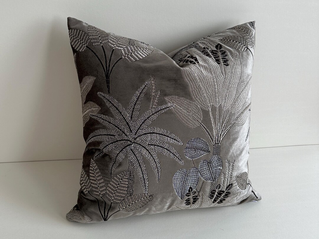 Dark Grey Velvet Throw Pillow, Botanical Embroidery Pillow, Home Decor ...