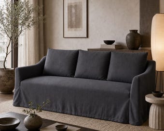 One-piece Grey Cotton Linen Three-seat Sofa Cover, Custom-made Slipcover Replacement, Multiple Colors