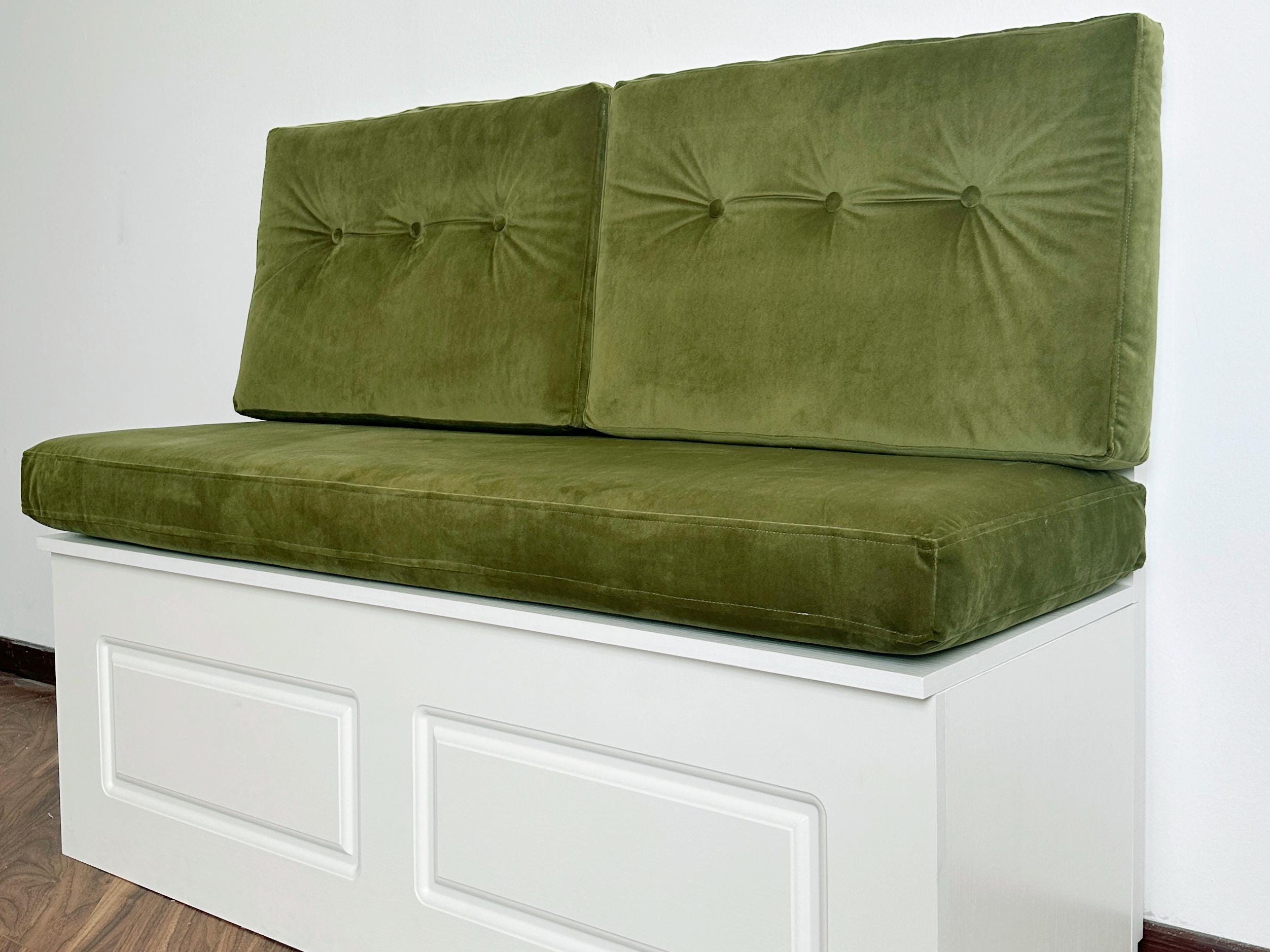 Green bench cushions, custom sized ballroom cushions, velvet cushions, window seat backs, cabinet seat cushions, handmade.