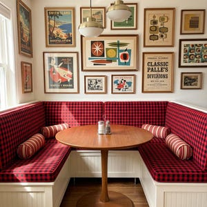 Può includere: Un angolo cottura in stile retrò con un tavolo rotondo in legno e sedute a scacchi rosse e nere. Le pareti sono decorate con poster e opere d'arte vintage incorniciate, creando un'estetica moderna della metà del secolo. Due lampade a sospensione sono appese sopra il tavolo.