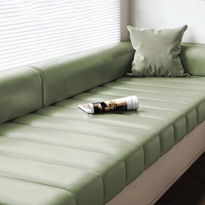 Green apple color faux leather seat cushion, faux leather backrest, custom size, handmade, stain resistant.
