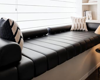 Black faux leather cushions and covers, custom made to size, handmade.
