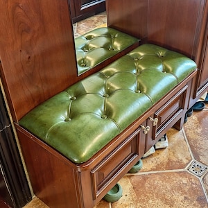 Bright colored faux leather seat and backrest, custom made, handmade, stain resistant.