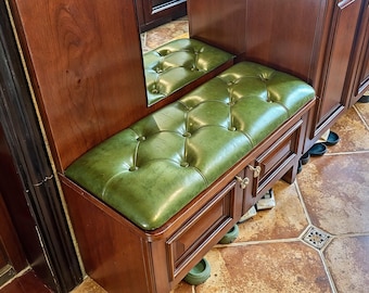Bright colored faux leather seat and backrest, custom made, handmade, stain resistant.