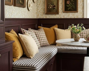 Cojín de banqueta con rayas neutras, cojín de banco personalizado a rayas marrones y blancas, cojín de asiento de ventana de estilo rústico a rayas marrones y blancas