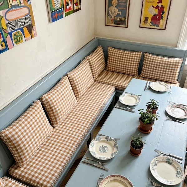 Niestandardowa poduszka na ławkę w kratkę Gingham o grubości 3 cali, francuska poduszka na siedzisko w kratkę bistro do wbudowanego kącika jadalnego