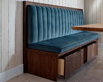 Blue velvet bench and cushions, custom size ballroom cushions, velvet cushions, French backrests, window cushions, cupboard cushions