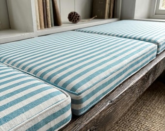 Turquoise Striped Bench Cushion, Custom Cozy Window Seat Cushion，Horizontal Striped Bench Cushion