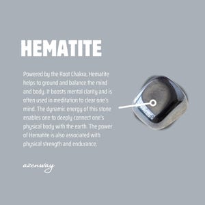 May include: A polished, dark gray hematite stone with a reflective surface. The image includes the word "HEMATITE" in large white letters, along with text describing the stone's properties and the "azenway" logo.