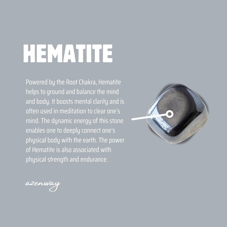 May include: A polished, dark gray hematite stone with a reflective surface. The image includes the word "HEMATITE" in large white letters, along with text describing the stone's properties and the "azenway" logo.