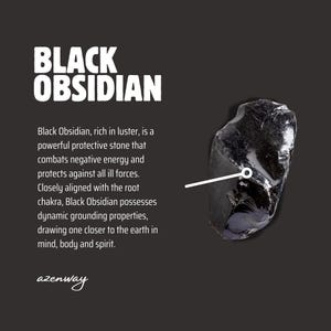 May include: A black obsidian stone with a glossy surface is displayed against a dark gray background. The text "BLACK OBSIDIAN" is at the top, with descriptive text below. The azenway logo is at the bottom.
