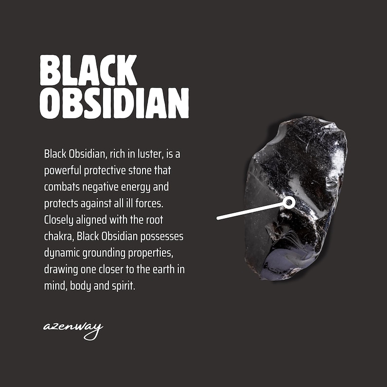 May include: A black obsidian stone with a glossy surface is displayed against a dark gray background. The text "BLACK OBSIDIAN" is at the top, with descriptive text below. The azenway logo is at the bottom.