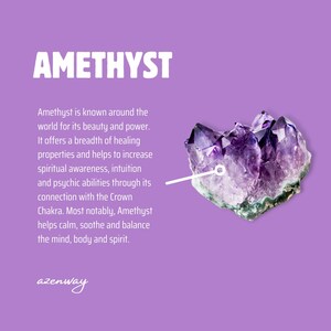 May include: A cluster of amethyst crystals, showcasing deep purple hues and crystalline structures, is displayed against a lavender background. The word "AMETHYST" is prominently featured at the top, with descriptive text below.