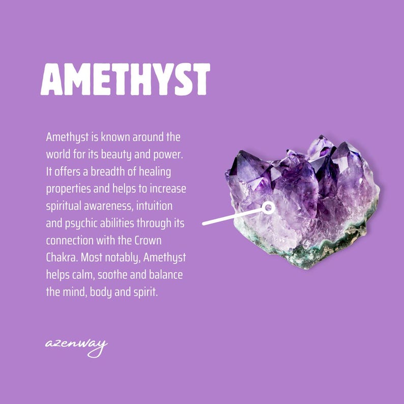 May include: A cluster of amethyst crystals, showcasing deep purple hues and crystalline structures, is displayed against a lavender background. The word "AMETHYST" is prominently featured at the top, with descriptive text below.
