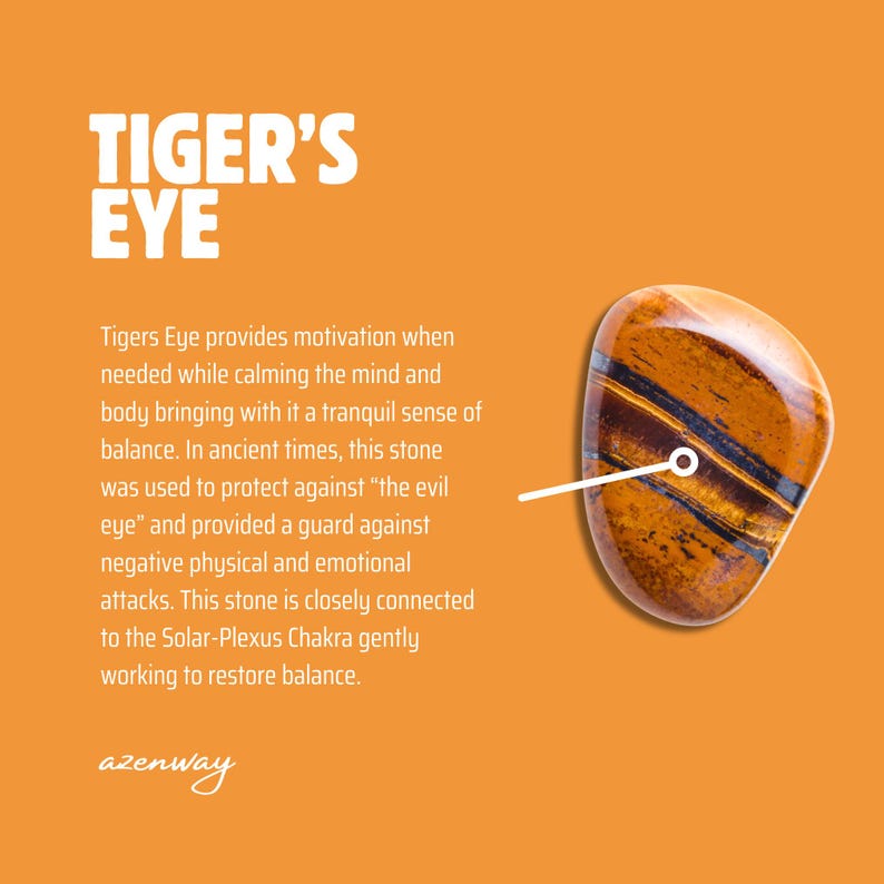 May include: An orange background with the text "TIGER'S EYE". A polished, oval tiger's eye gemstone is shown. The stone is brown with black and gold bands. Text describes the stone's properties and benefits.