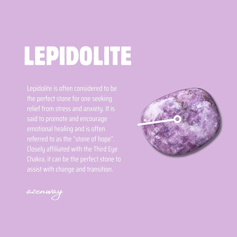 May include: A close-up of a lepidolite stone, a purple crystal with white and gray inclusions. The word "LEPIDOLITE" is displayed in white block letters. Text below describes the stone's properties and association with the Third Eye Chakra.