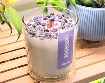 Lavender Aura Amethyst Crystal Candle | Calm & Stress Relief | 12oz | 60hr Burn Time