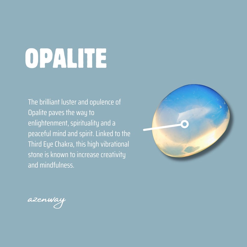 May include: A blue and white opalite stone with the word "OPALITE" in white text. The text describes the stone's properties, including its association with the Third Eye Chakra and its ability to increase creativity and mindfulness. The brand name "azenway" is also visible.