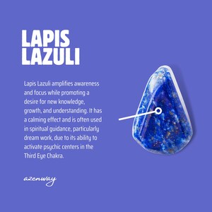 May include: A blue Lapis Lazuli gemstone with gold flecks, displayed on a purple background. The image includes the text "LAPIS LAZULI" and a description of the stone's properties. The brand name "azenway" is also visible.