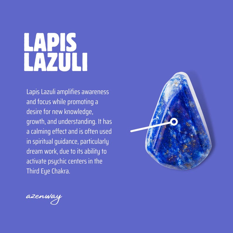 May include: A blue Lapis Lazuli gemstone with gold flecks, displayed on a purple background. The image includes the text "LAPIS LAZULI" and a description of the stone's properties. The brand name "azenway" is also visible.