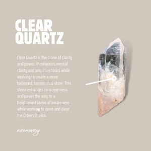 May include: A clear quartz crystal with a pointed tip, displayed against a neutral background. The image includes the text "CLEAR QUARTZ" and descriptive text about the stone's properties. The crystal has a translucent appearance with internal inclusions.