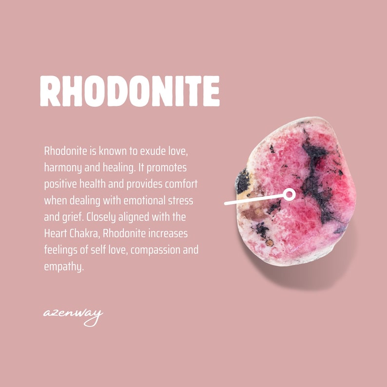 May include: A close-up of a rhodonite gemstone, featuring a mix of pink and black colors. The word "RHODONITE" is displayed in white, bold text at the top. The image is set against a soft pink background, with text describing the stone's properties.