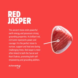 May include: A polished red jasper gemstone with a translucent appearance, showcasing natural patterns. The image features the text "RED JASPER" and a description of the stone's properties on a red background.