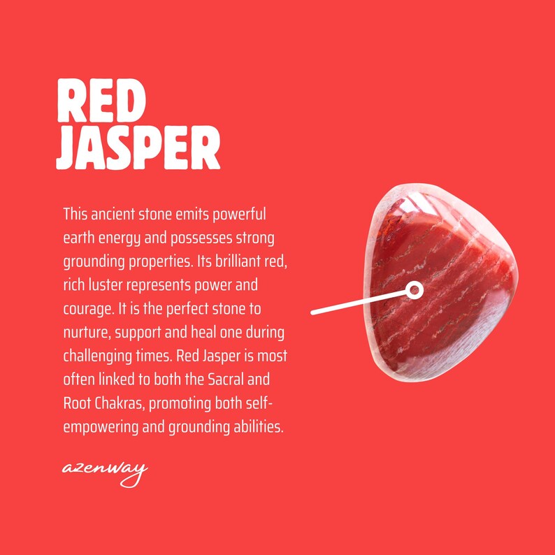 May include: A polished red jasper gemstone with a translucent appearance, showcasing natural patterns. The image features the text "RED JASPER" and a description of the stone's properties on a red background.