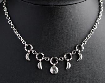 Moon Phase Necklace | Witchy Celestial Stainless Steel Chain Jewelry for Goth Alternative