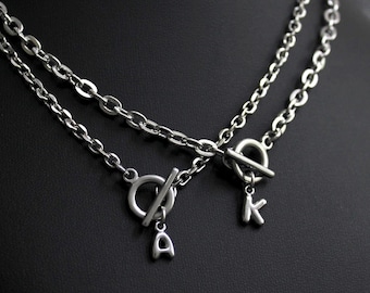 Stainless Steel Initial Necklace | Bubble Letter Toggle Clasp Chain