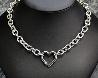 Chunky Chain Heart Clip Necklace: Adjustable Punk Goth Carabiner Choker