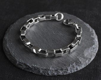 Chunky Thick Unique Stainless Steel Rectangle Box Chain Bracelet - Alternative Punk Grunge Goth Style