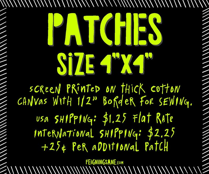 Pu&ograve; includere: Testo giallo su sfondo nero che dice "PATCHES SIZE 1"X1" SCREEN PRINTED ON THICK COTTON CANVAS WITH 1/2" BORDER FOR SEWING."