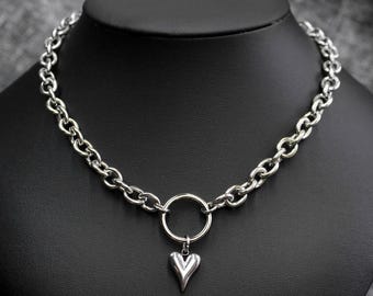 Chunky Heart Chain O Ring Necklace: Stainless Steel Alt Punk Goth Style Adjustable Choker