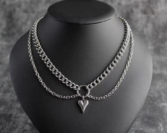 Double Layer Stainless Steel Heart Necklace: Punk O Ring Curb Chain Choker