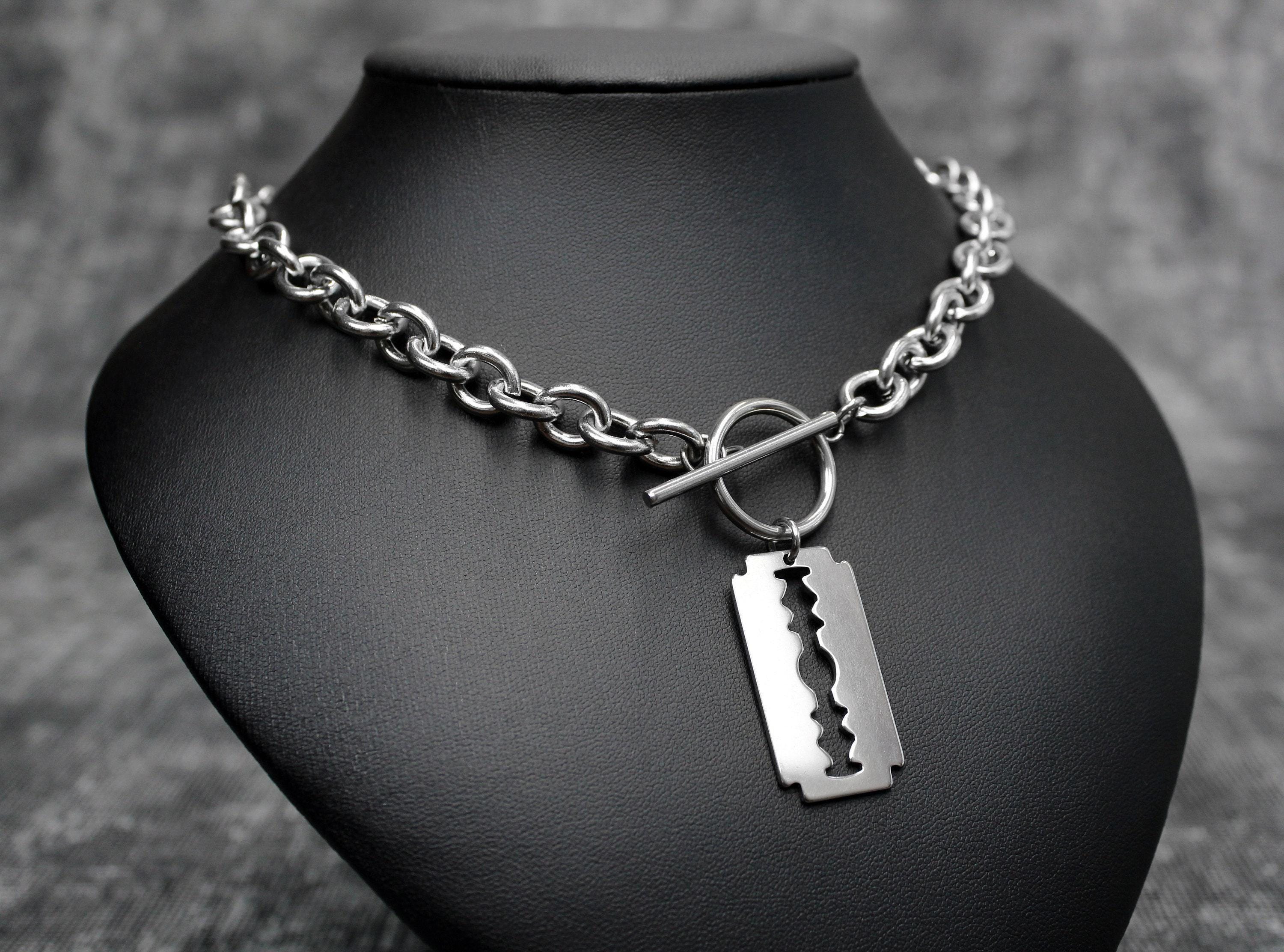 Chunky Razor Blade Toggle Necklace: Stainless Steel Alternative Punk ...