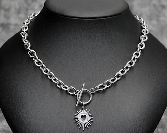 Stainless Steel Heart Burst Toggle Chain Necklace: Alternative Punk Goth Style Jewelry