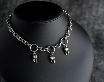 Stainless Steel Tooth Necklace | Chain O Ring Teeth Choker for Goth Alt Punk Grunge