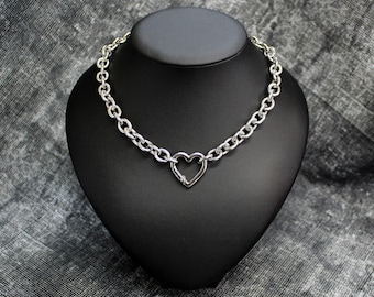Chunky Chain Heart Clip Necklace, Punk Necklace, Punk Jewelry, Punk Choker, Industrial Necklace, Alt Jewelry, Goth Necklace, Grunge Jewelry