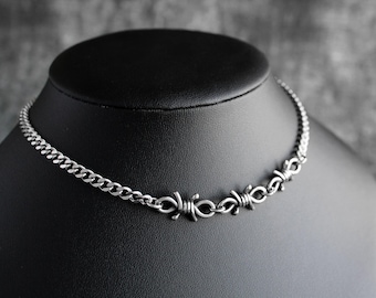Barbed Wire Stainless Steel Curb Chain Necklace | Jewelry for Alternative, Punk, Goth, Grunge