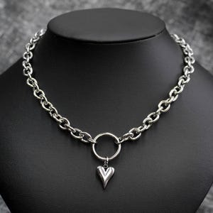Chunky Heart Chain O Ring Necklace: Stainless Steel Alt Punk Goth Style Adjustable Choker
