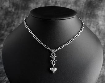 Heart and Barbed Wire Chain Necklace | Stainless Steel Jewelry for Alternative Goth Style