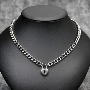 Stainless Steel Heart Lock Necklace: Punk Goth Curb Chain