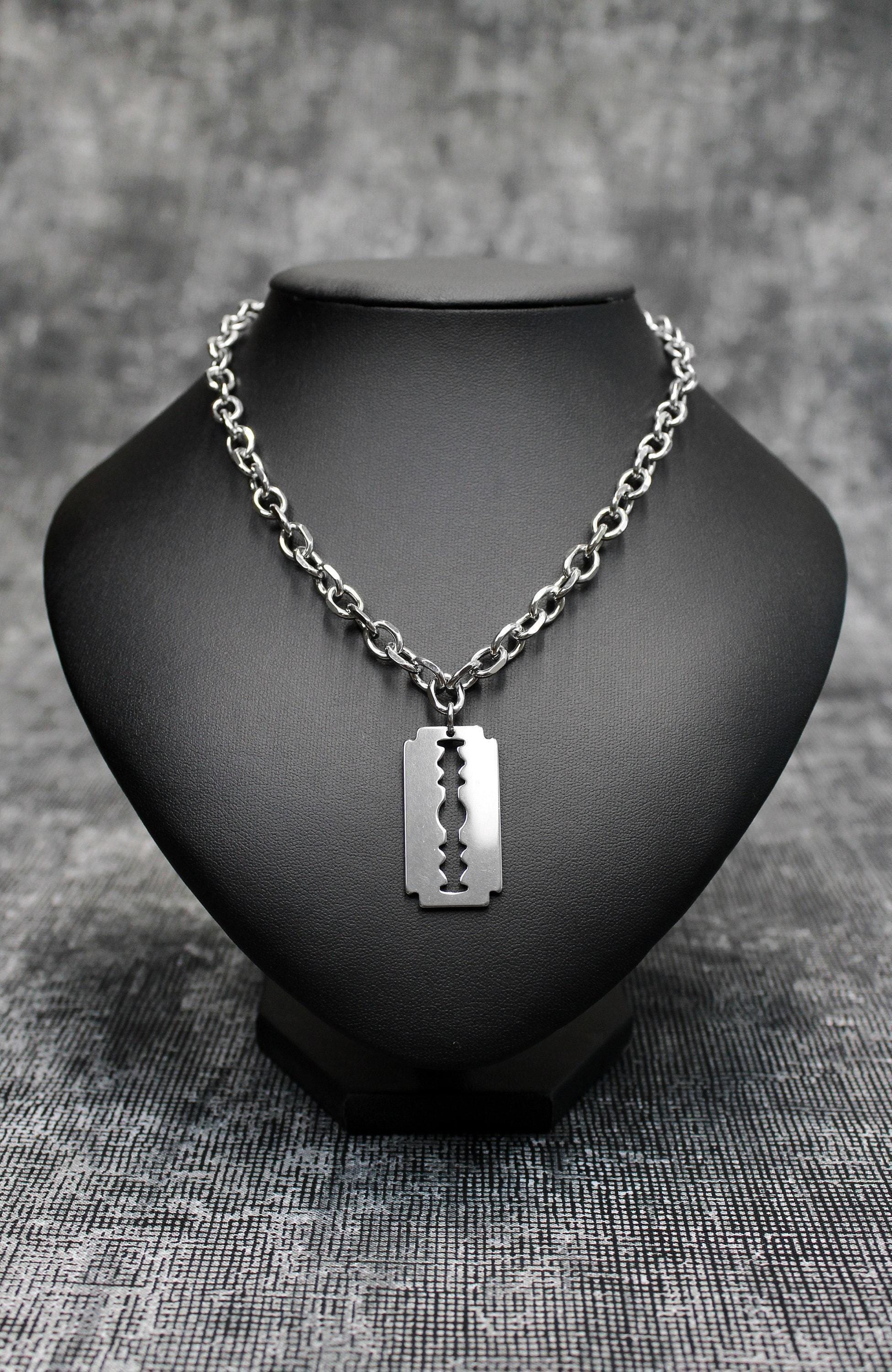Chunky Razor Blade Pendant Necklace: Stainless Steel Faceted Cable ...