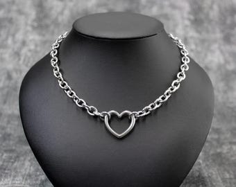 Stainless Steel Heart Chain Necklace, Punk Necklace, Punk Jewelry, Punk Choker, Industrial Necklace, Chunky Chain Alt Jewelry, Goth Necklace