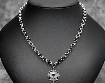Heart Burst Pendant Necklace: Stainless Steel Rolo Chain, Punk Goth Grunge Jewelry