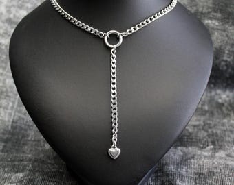 Stainless Steel Heart Lariat Dangle Chain Choker: Punk Goth Grunge Style Necklace