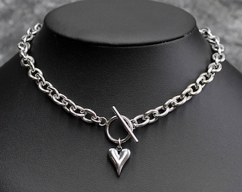 Chunky Stainless Steel Heart Toggle Lariat Chain Necklace: Y2k Goth Punk Style Jewelry