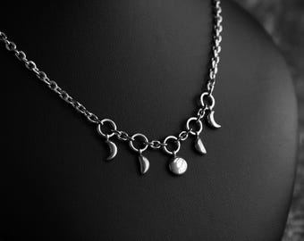 Moon Phase Necklace | Witchy Celestial Stainless Steel Chain Jewelry for Goth Alternative